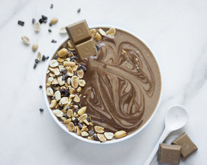 Chocolate peanut caramel or "snickers" smoothie bowl